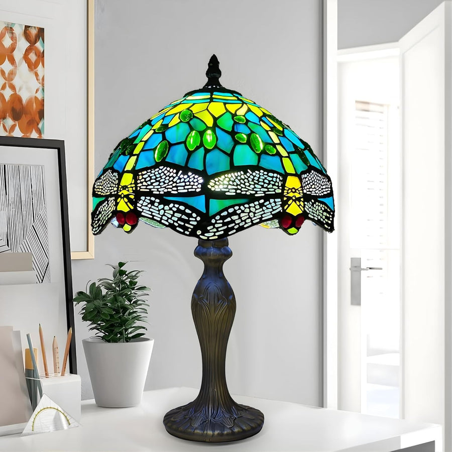 Tiffany Style Table Lamp Green Dragonfly Stained Glass 42cm E27