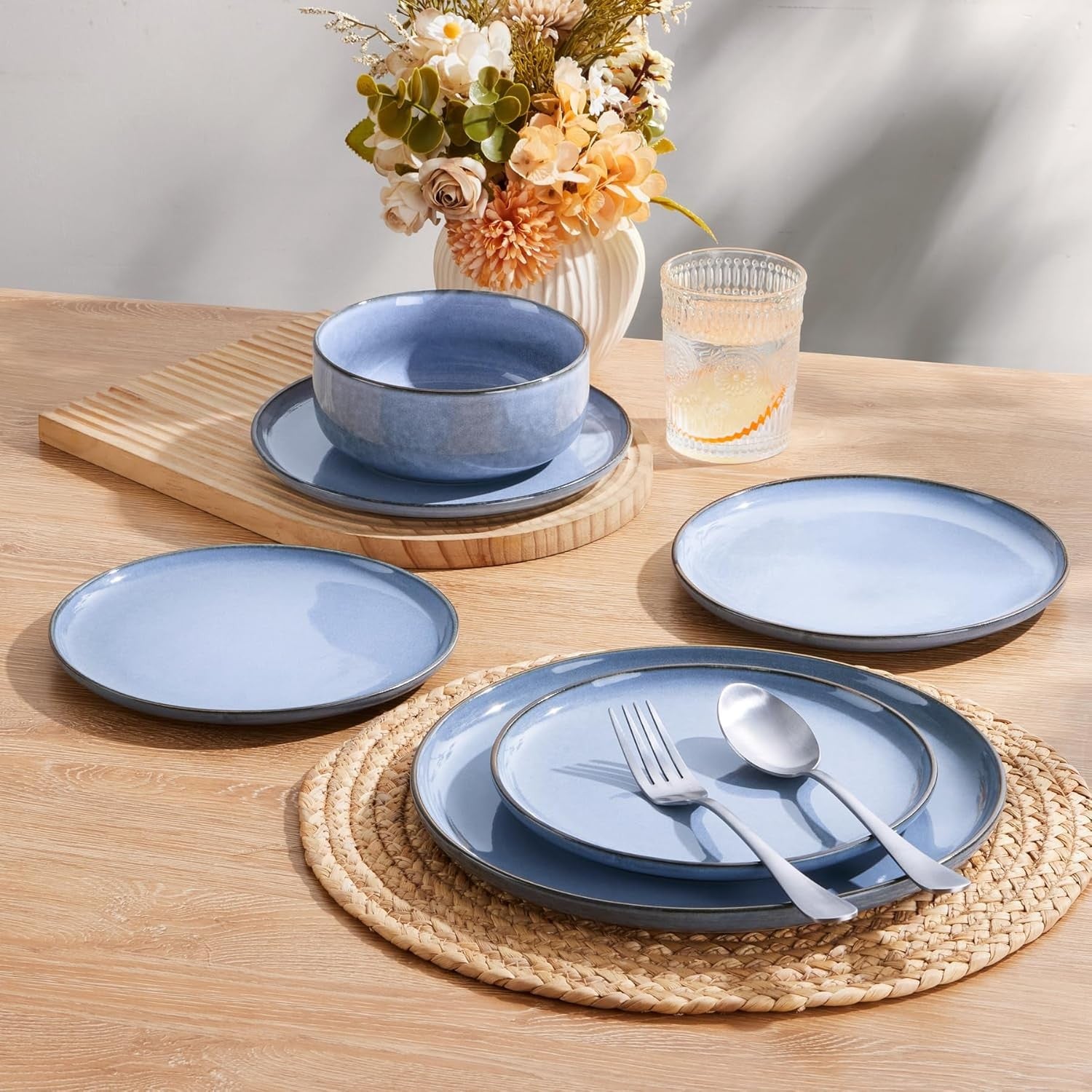 12pc Stoneware Dinner Set for 4 Blue Plates Bowls Microwave Safe