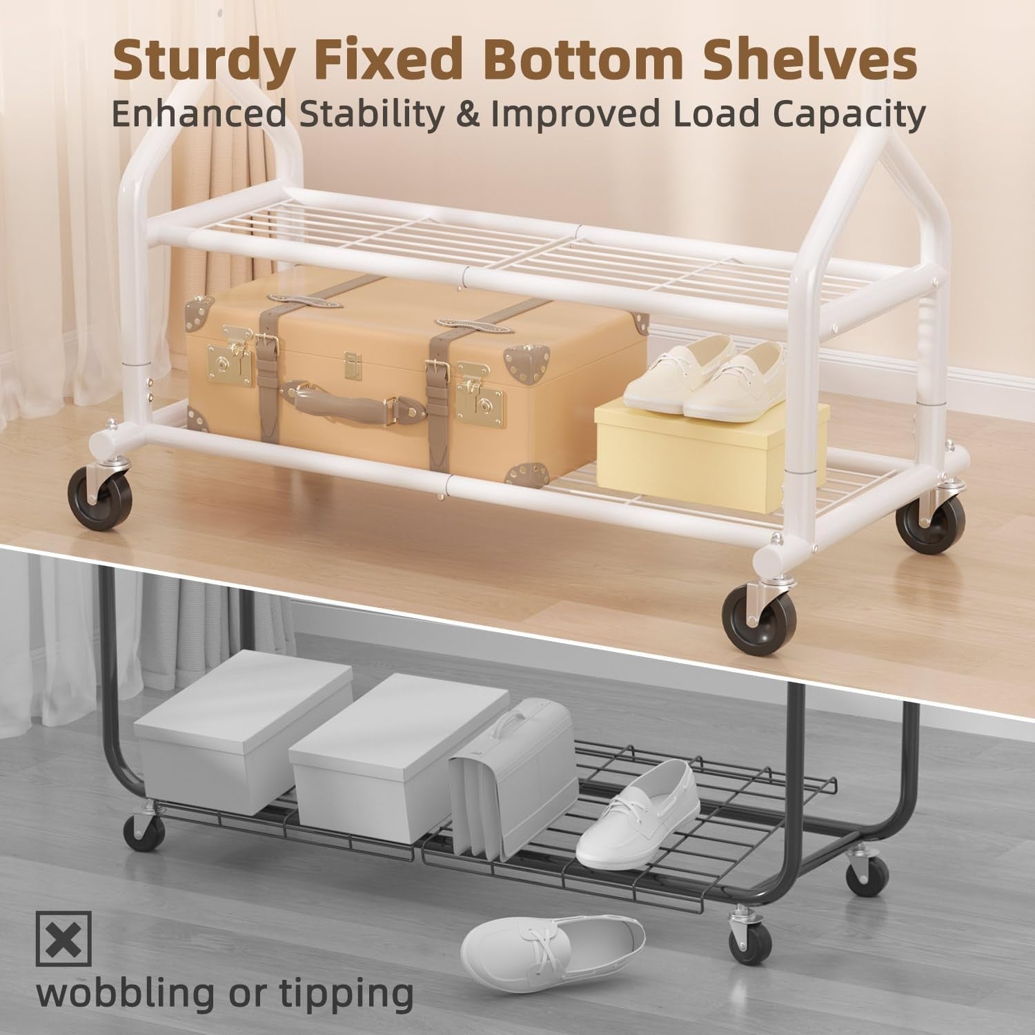 White Heavy Duty 252KG Clothes Rail With Shelves & Wheels
