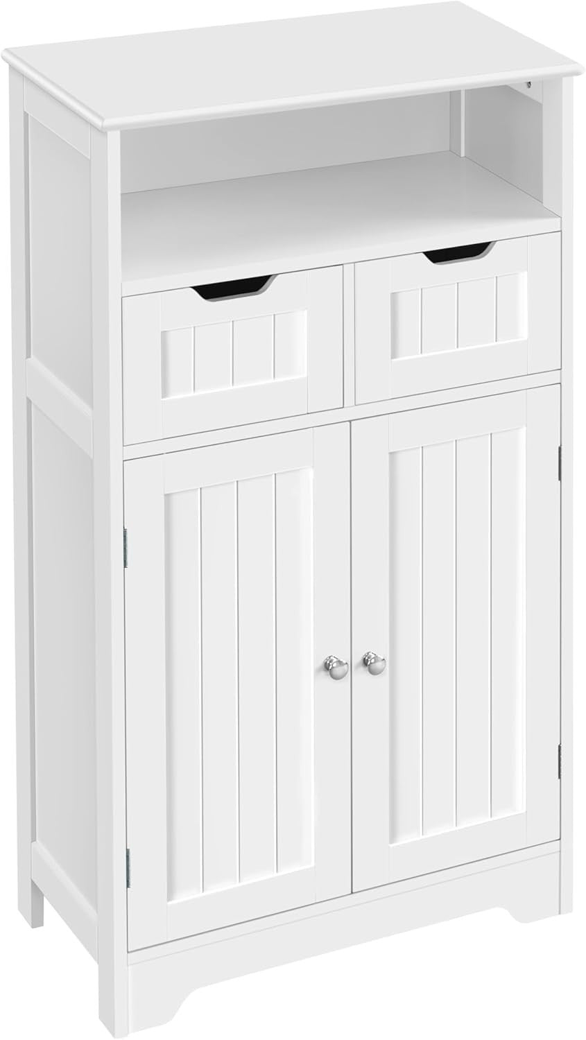 Freestanding Bathroom Floor Cabinet 2 Drawers Adjustable Shelf White