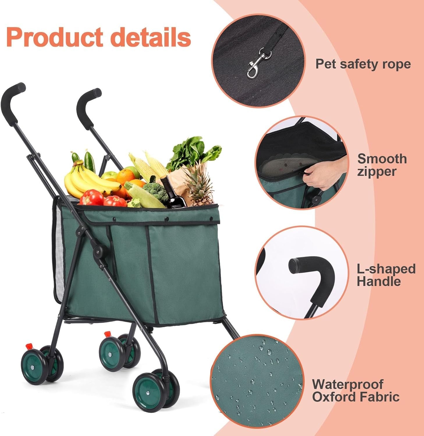 Dark Green Foldable Pet Shopping Cart Stroller 60lb Heavy Duty Utility Wagon