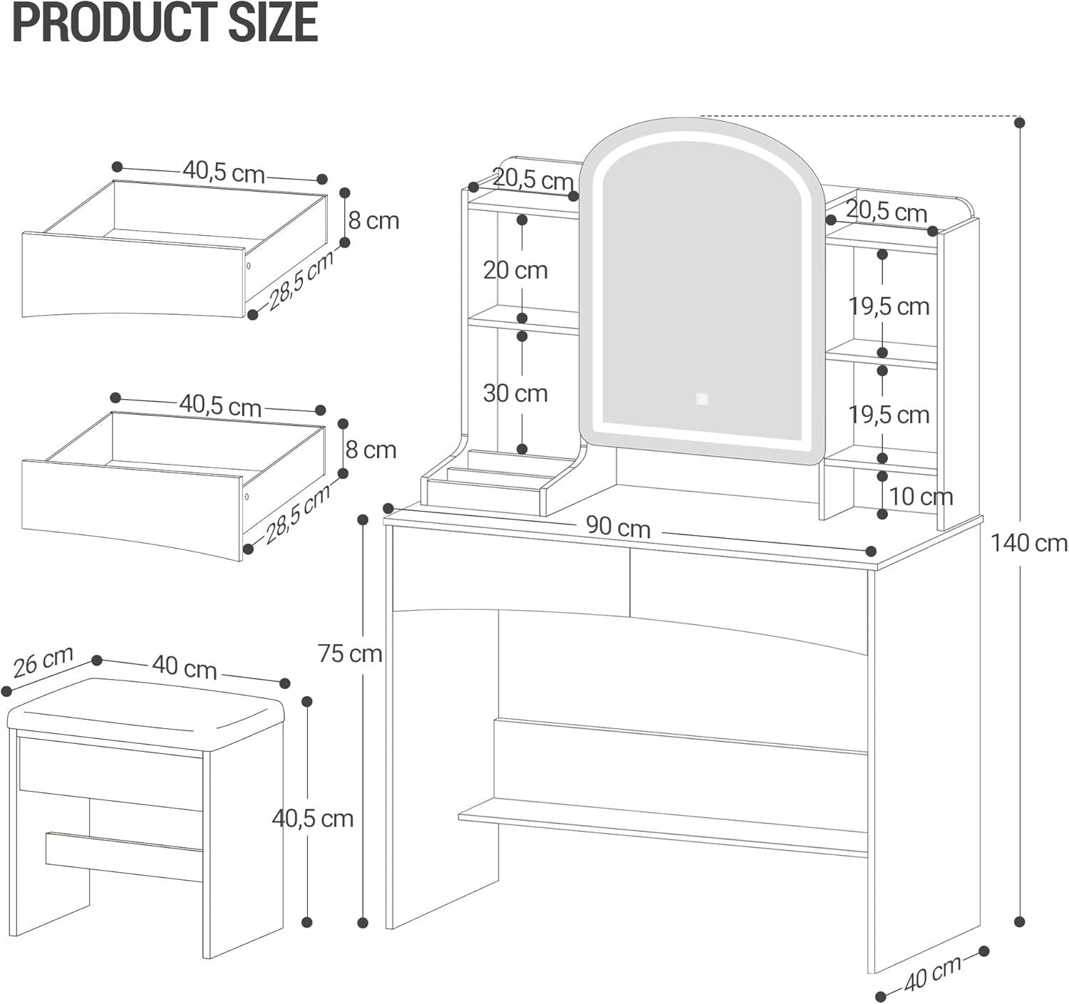 Dressing Table Vanity Desk with Mirror & 3-Color LED Light, Storage, White, Mode