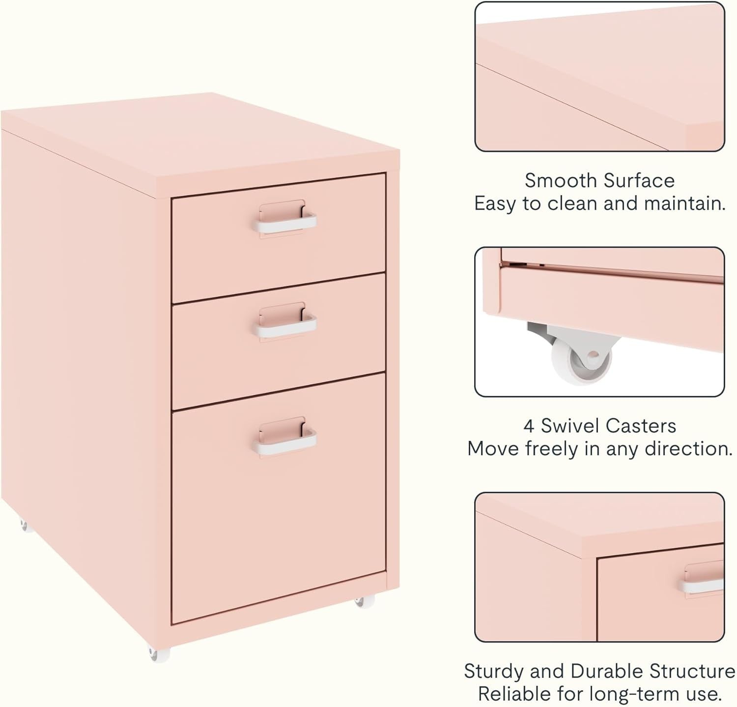 Pink Mobile Filing Cabinet 3 Drawer A4 Under Desk Office Storage