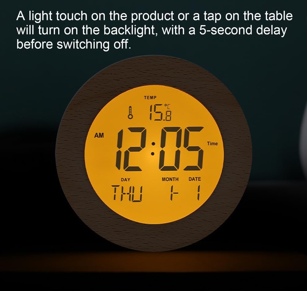 Wooden Digital Alarm Clock Loud Display Temp Date Snooze 12/24H