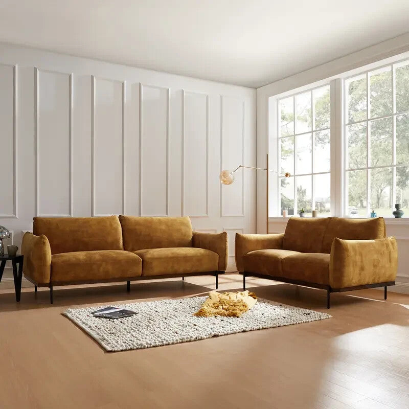 3 Seater Gold Velvet Sofa Distressed Fabric Plush Cushions Modern Legs