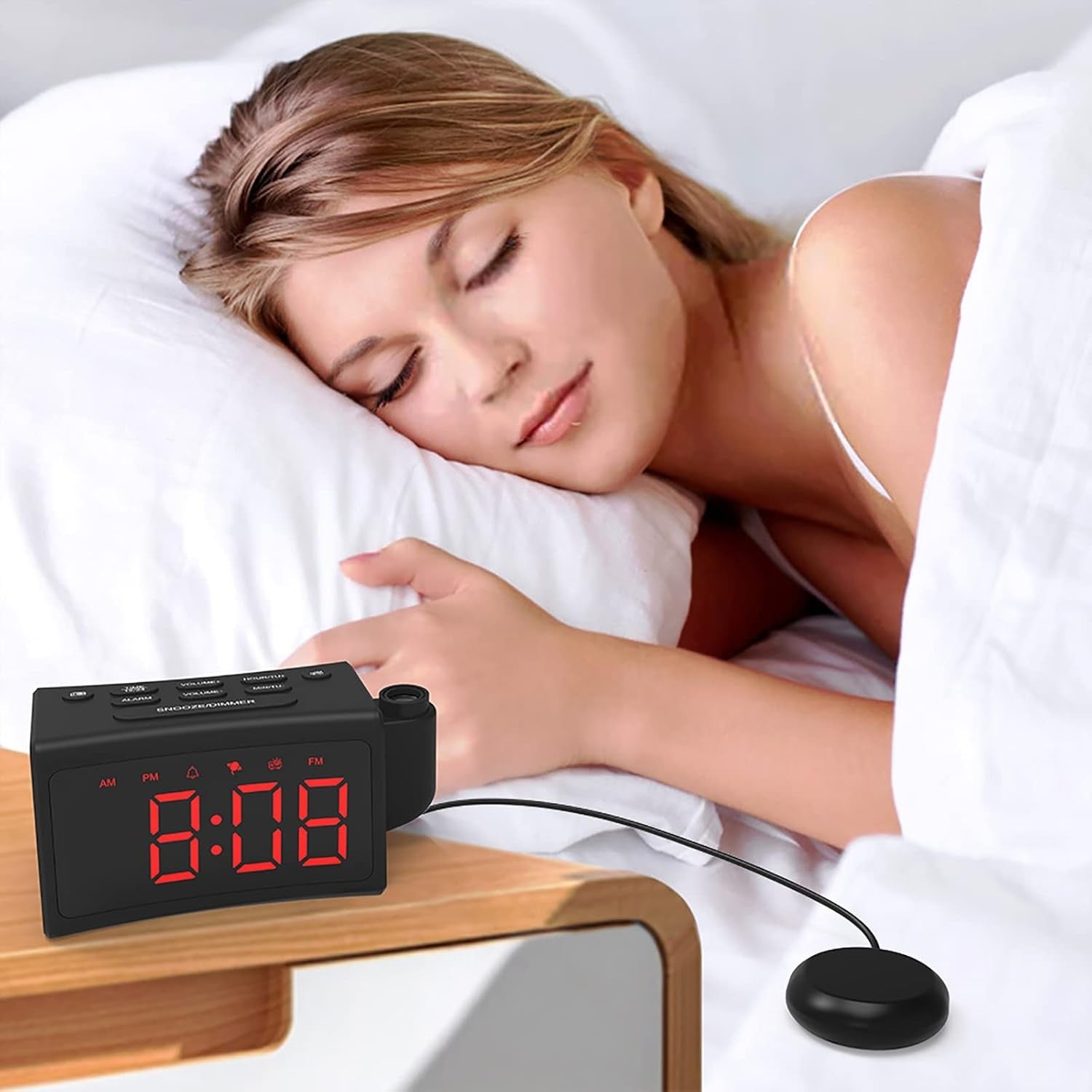 Vibrating Alarm Clock Bed Shaker Projection FM Radio Loud Dual Alarm