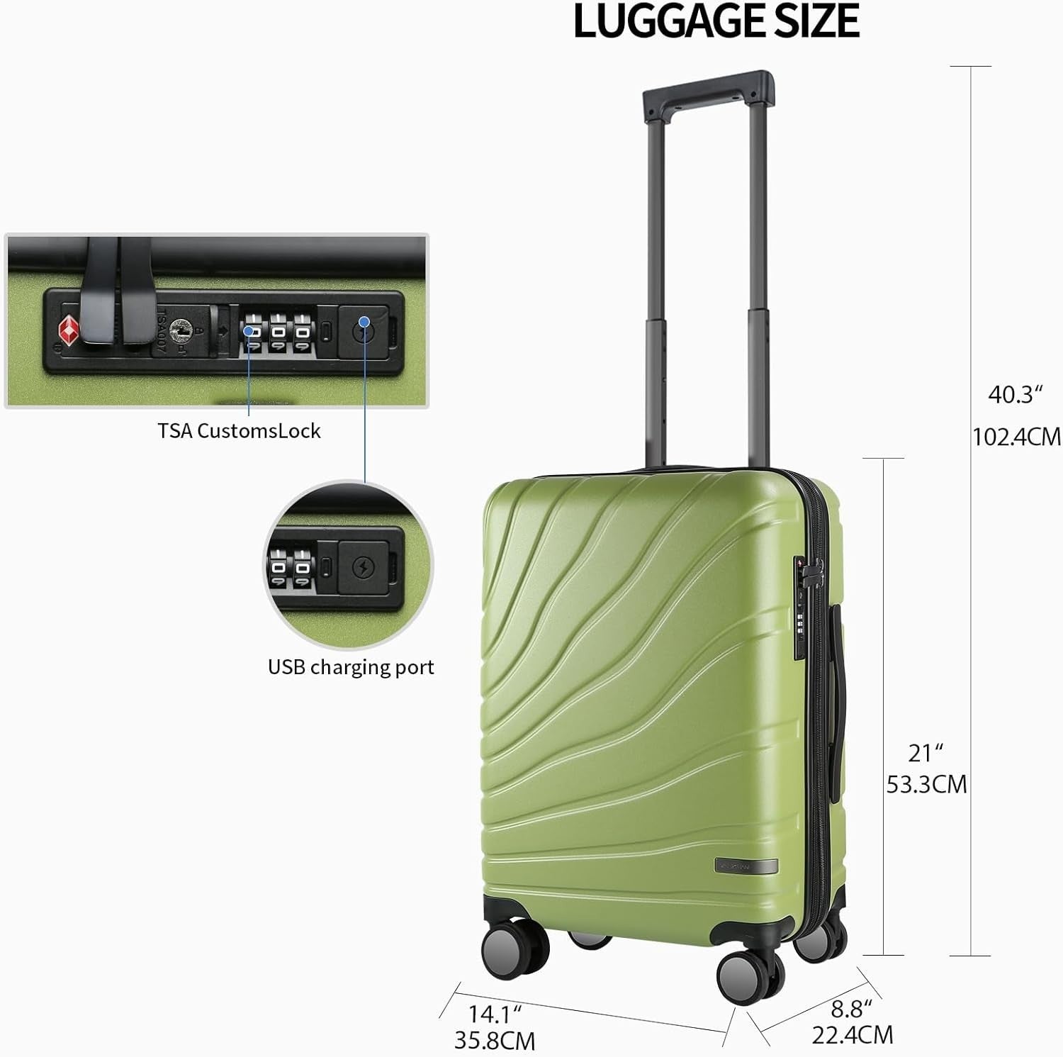 Green 20 Inch Cabin Suitcase PC Hard Shell Expandable Spinner TSA Lock