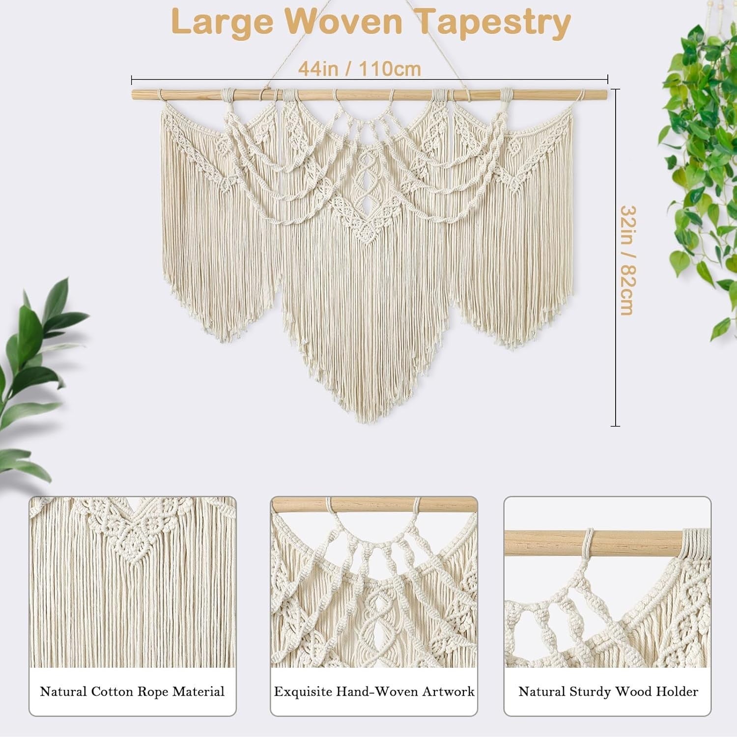 Large Macrame Wall Hanging Boho Tassel Handmade Wall Decor Beige
