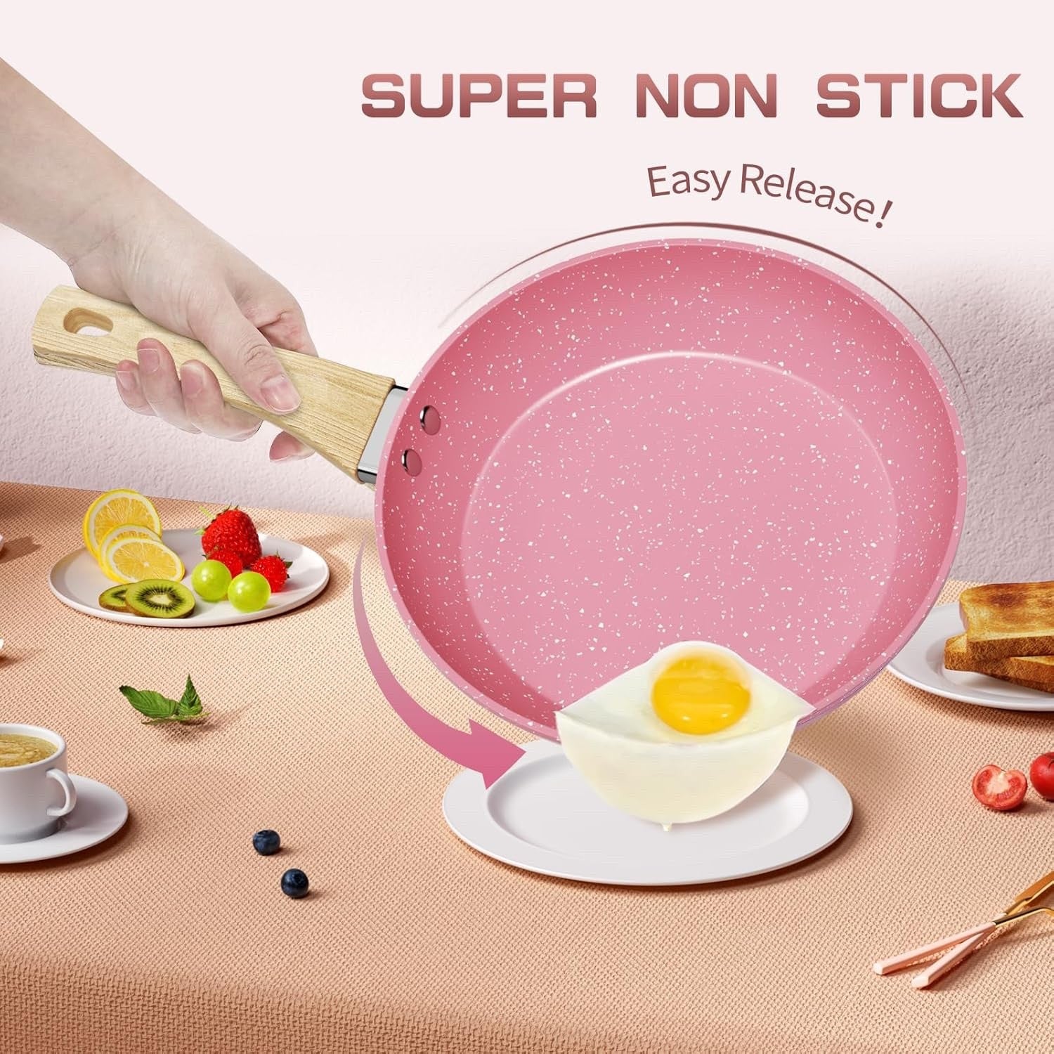 8Pcs Pink Ceramic Non-Stick Cookware Set Induction Ready Frying Pans & Saucepan