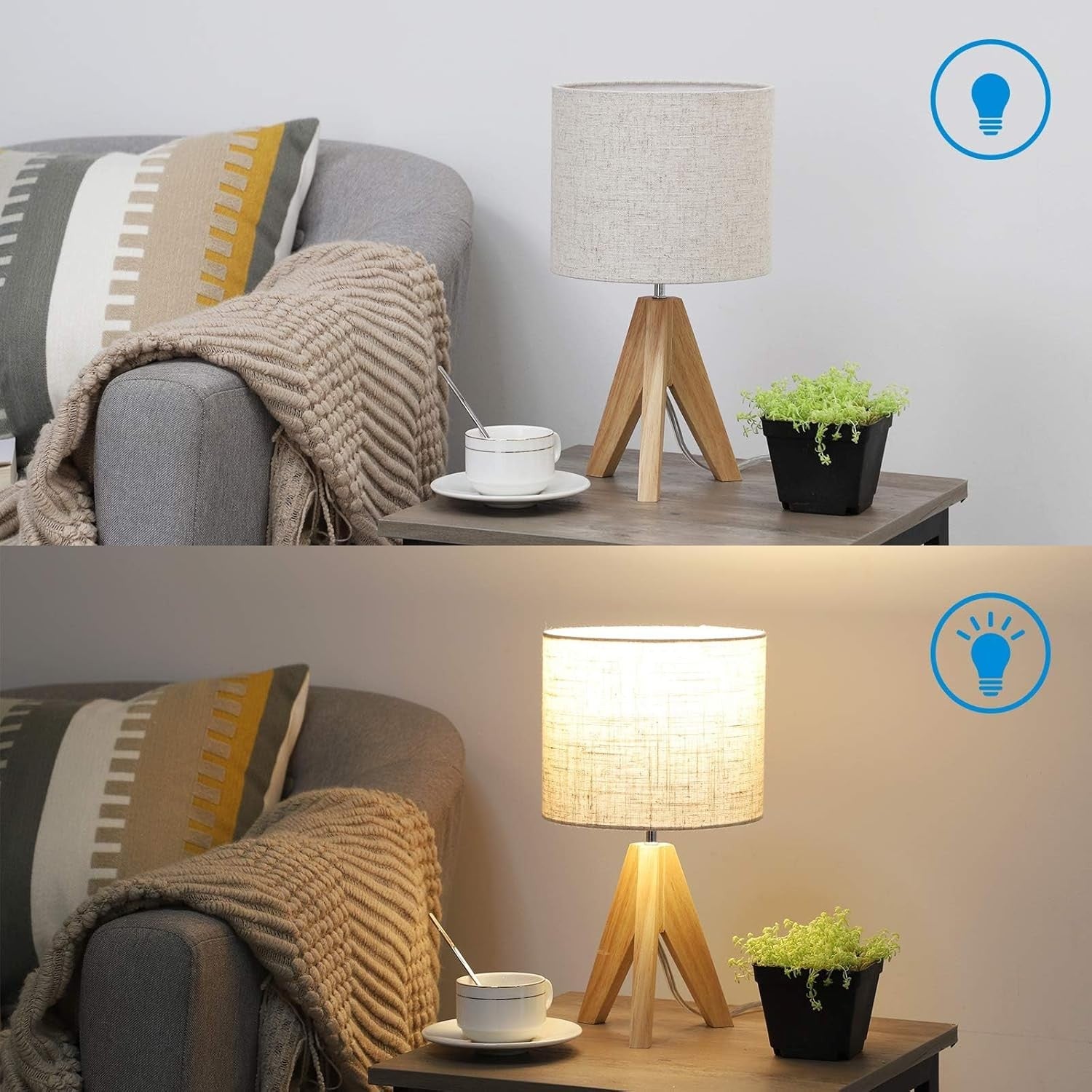 Wood Bedside Table Lamp Tripod Desk Light Linen Shade E27 Bedroom