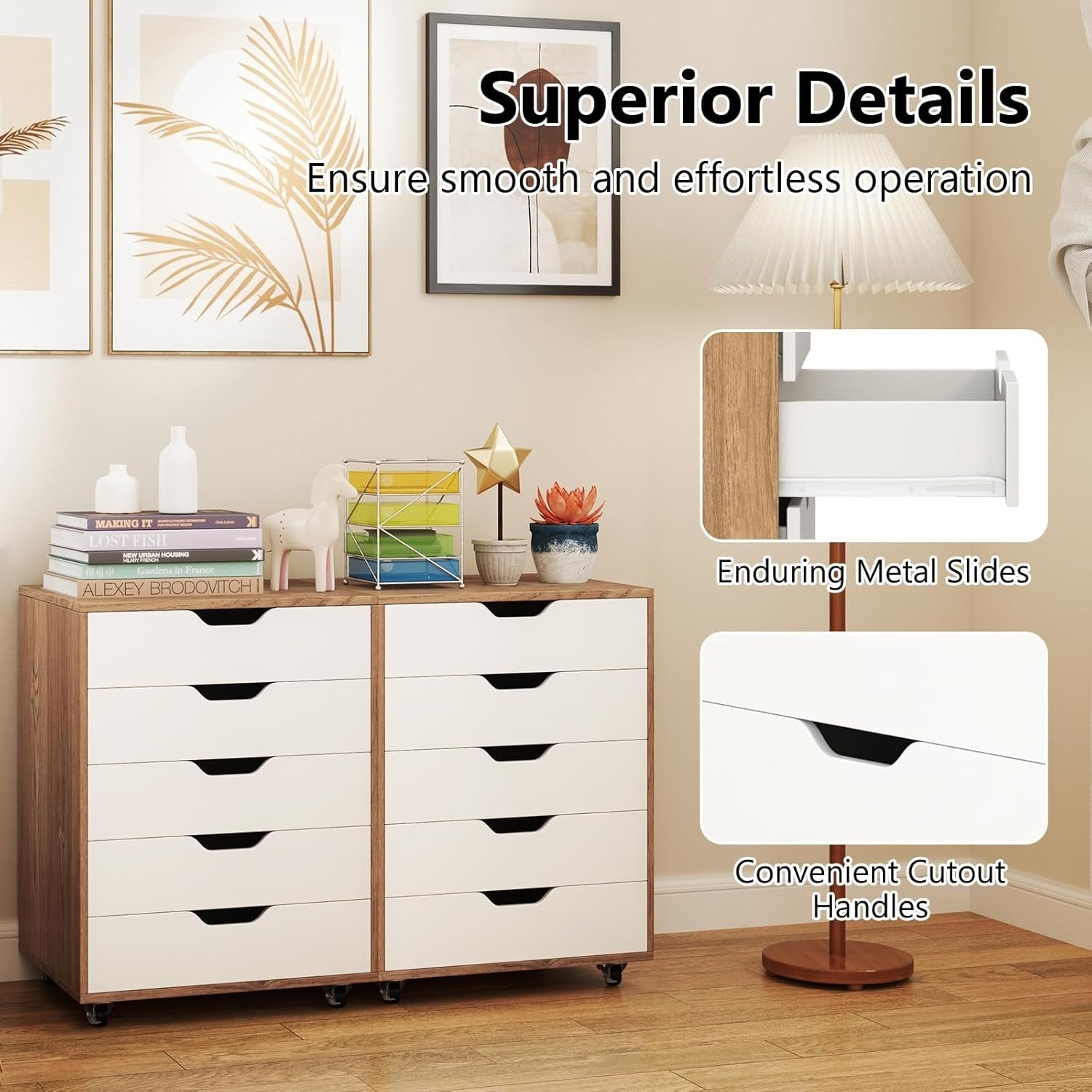Natural Wood Mobile Filing Cabinet 5 Drawer Rolling Under Desk Storage