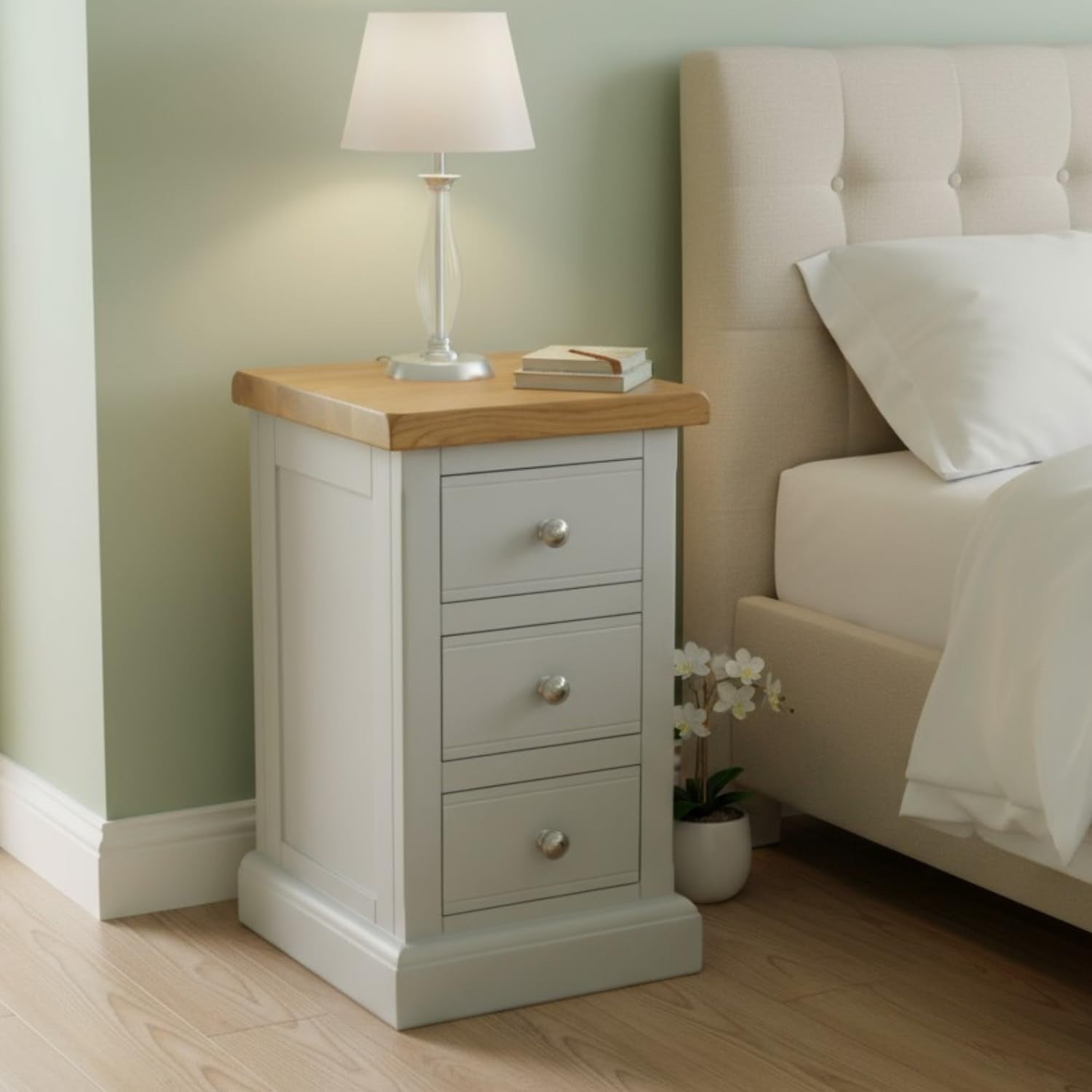 Painted Grey Bedside Table with 3 Drawers – Real Wood Slim Oak Top