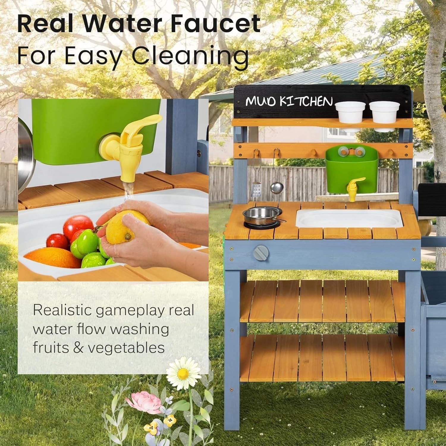 Outdoor Mud Kitchen for Kids w/ Planter Sink Gardening Toys