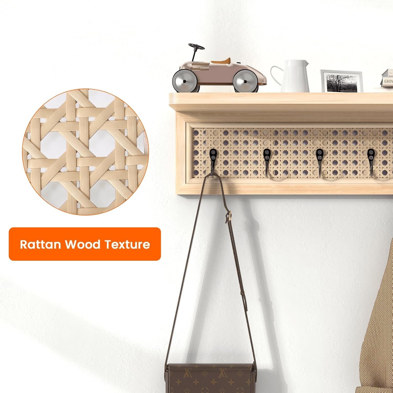 Boho Rattan Wall Shelf with 5 Hooks Natural Wood Floating Entryway Rack