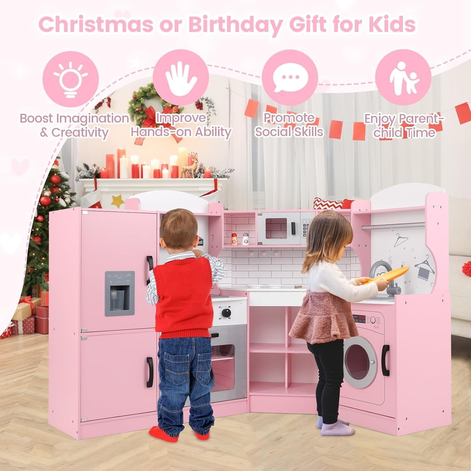 Kids Corner Play Kitchen Wooden Toy Set Light Sound Ice Dispenser Pink