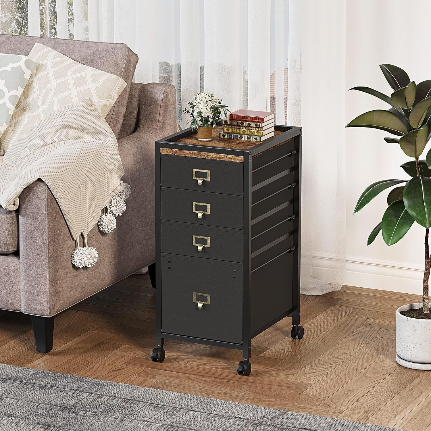 Retro Rolling File Cabinet 4 Drawer Under Desk A4 Letter Storage Black