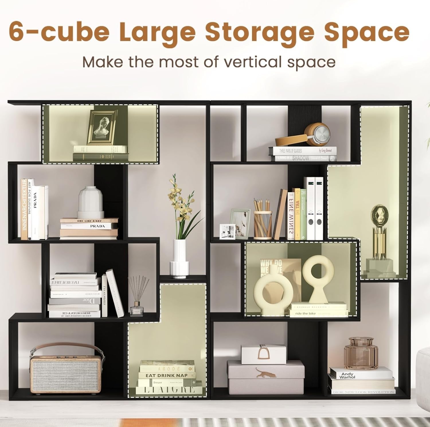 Modern 6-Cube S-Shape Bookcase Storage Unit with Anti-Tip Design for Living Room