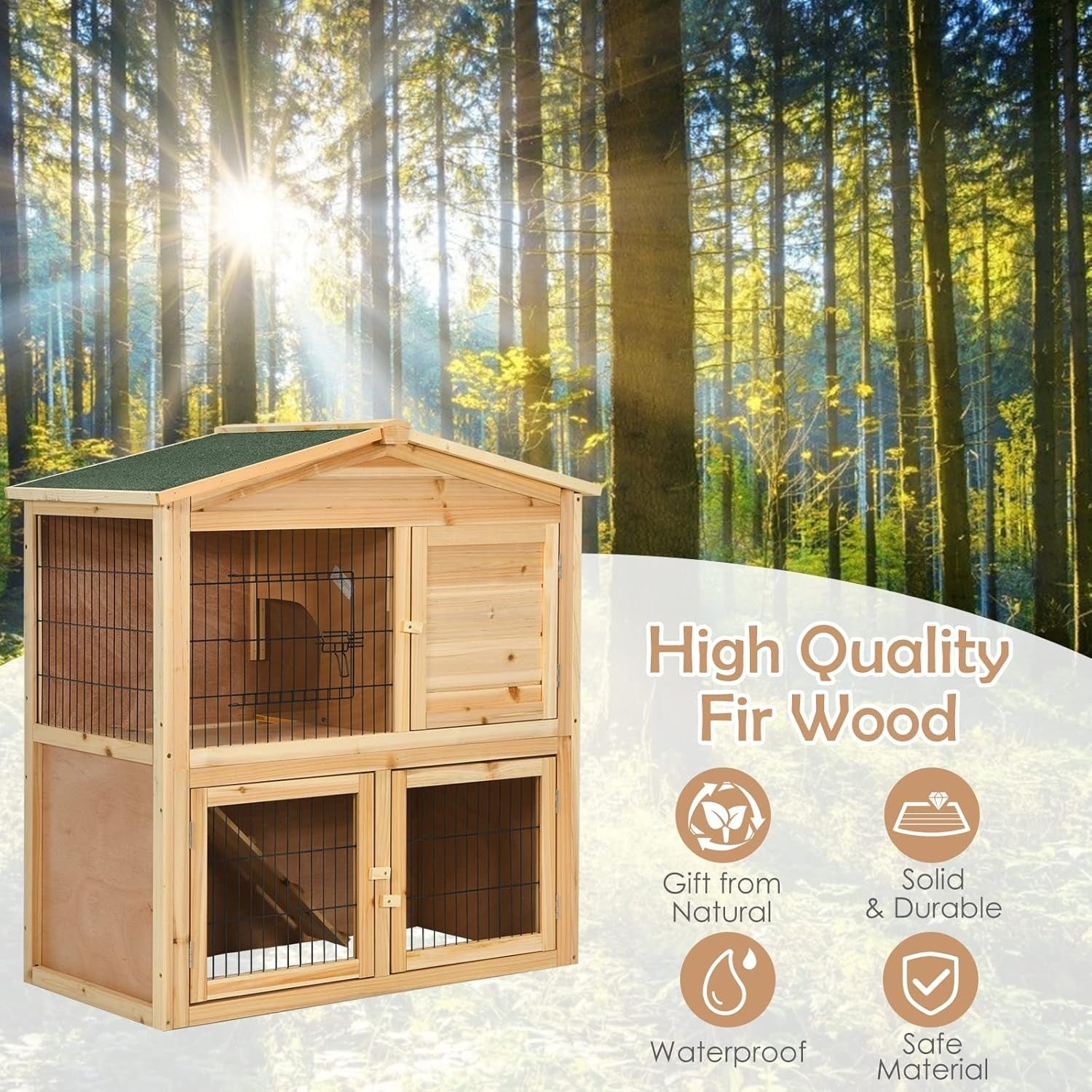 Wooden Rabbit Hutch 2 Storey Indoor Outdoor Pet Cage Ramp Doors