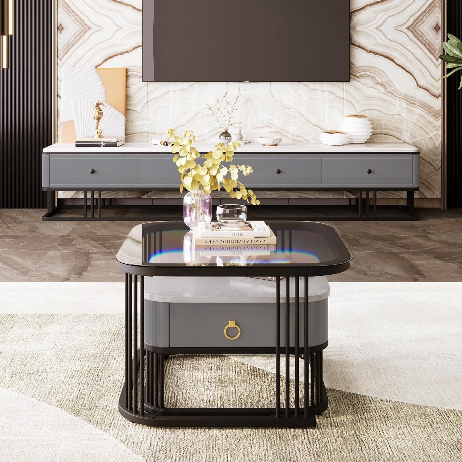 Modern Glass Nesting Coffee Table Set with Drawer – Marble & Black Frame
