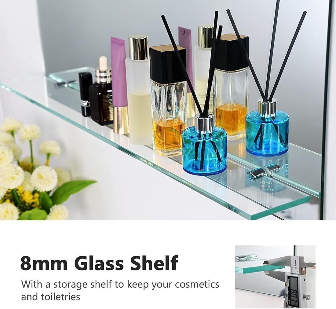 Wall-Mounted Frameless Vanity Mirror with Shelf 60x80cm Bathroom Storage