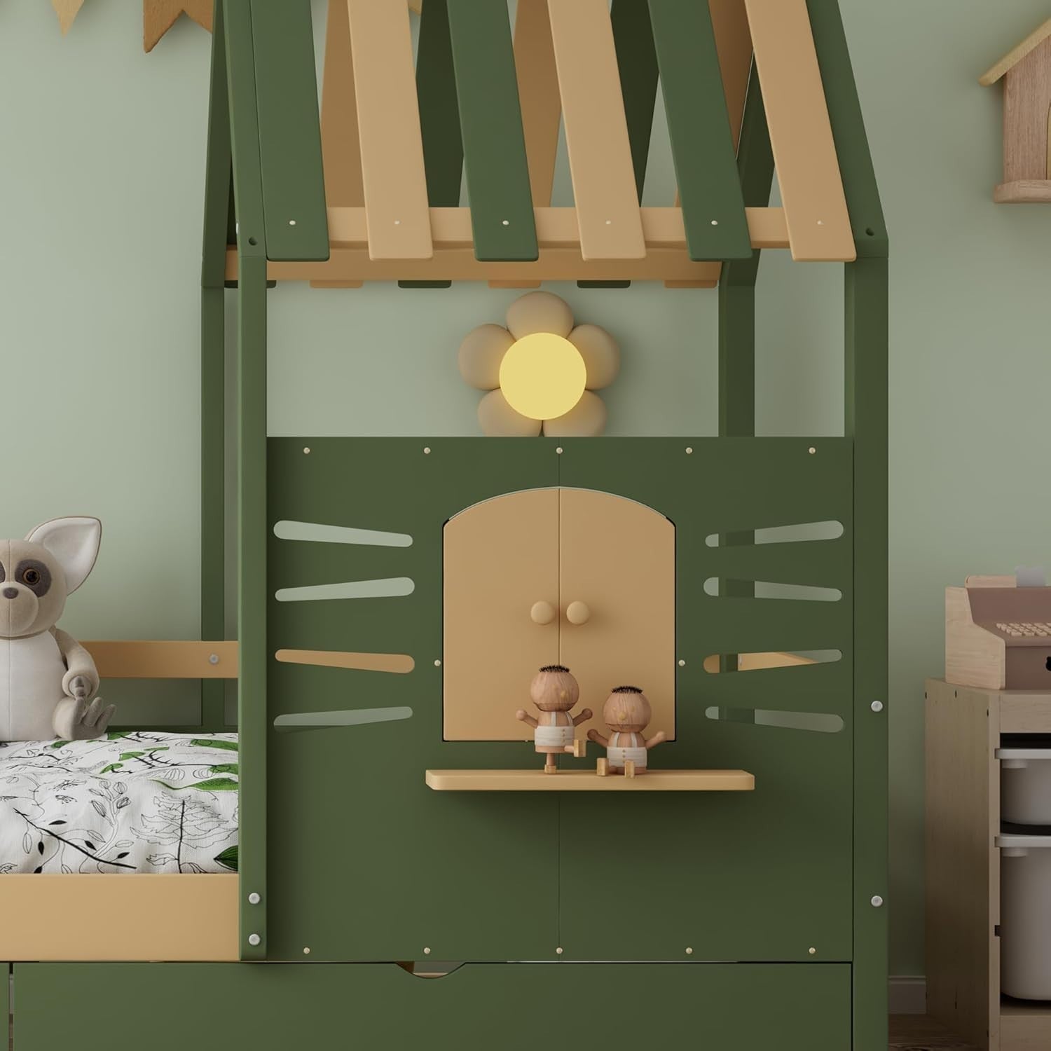 Kids Wooden House Cabin Bed with Drawers, Guardrail & Roof Frame 90x190cm