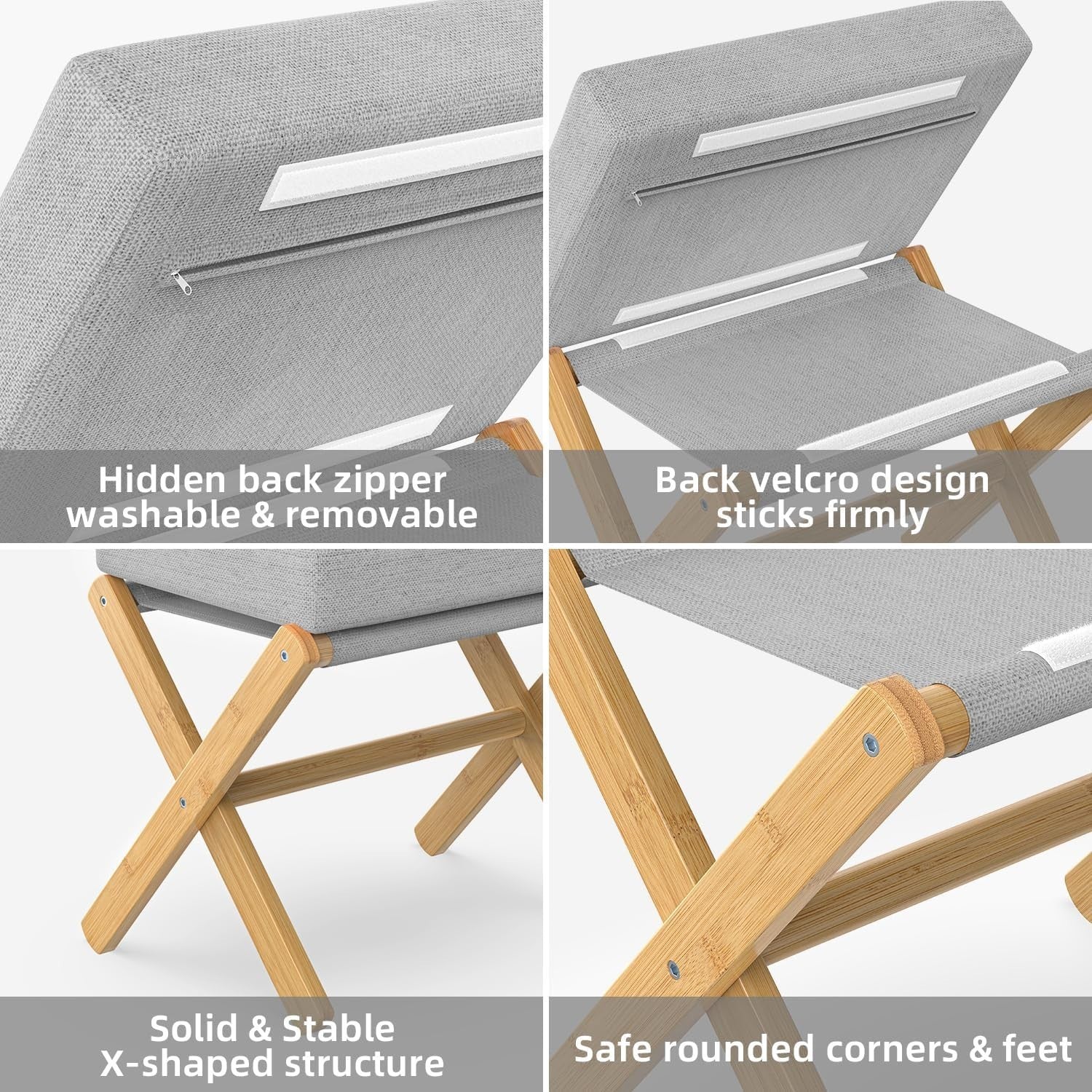Natural Bamboo Foldable Footstool with Grey Cushion & X-Leg Footrest Design