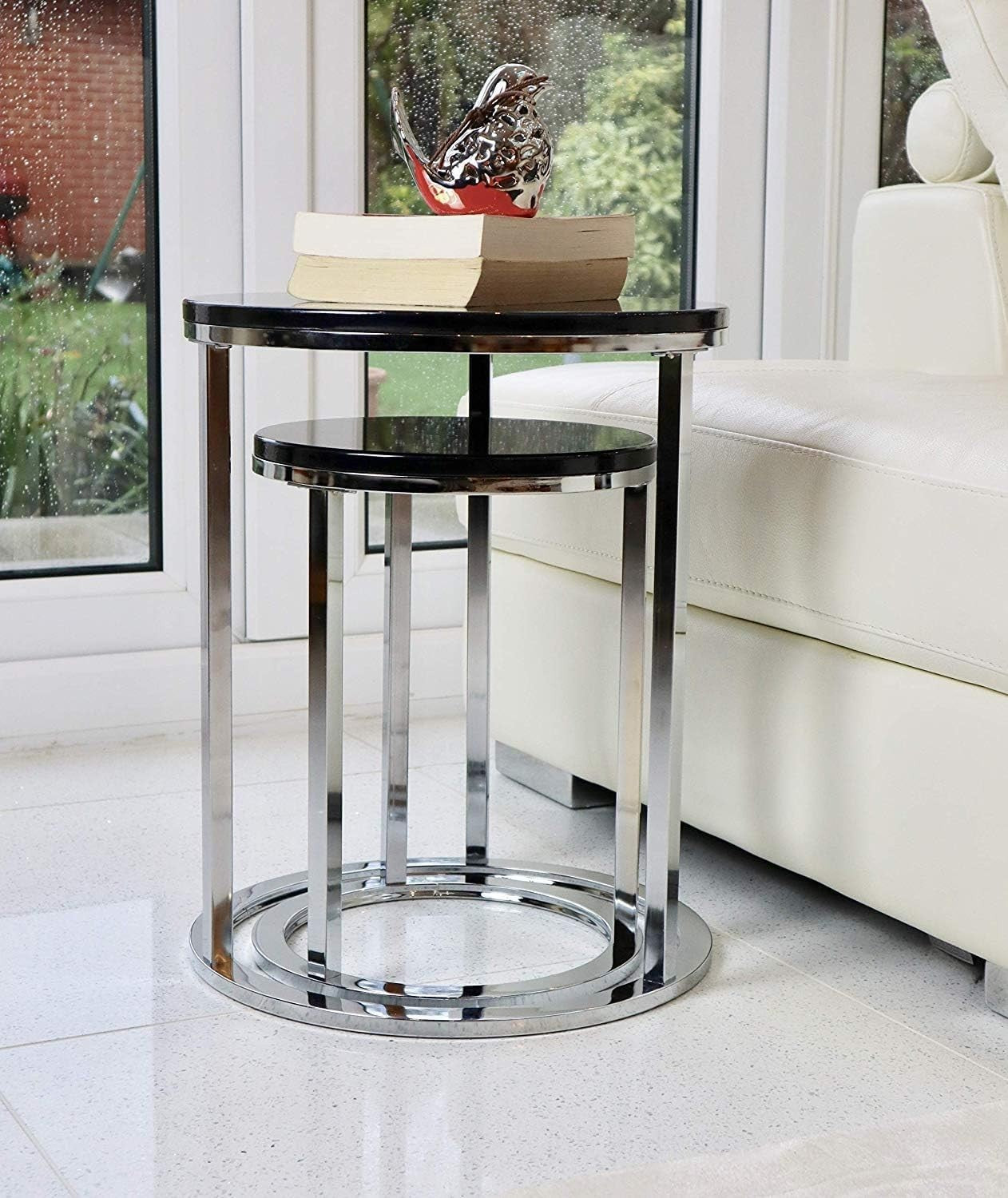 Round Nesting Tables Set of 2 Black/Chrome Metal Side End Coffee Table