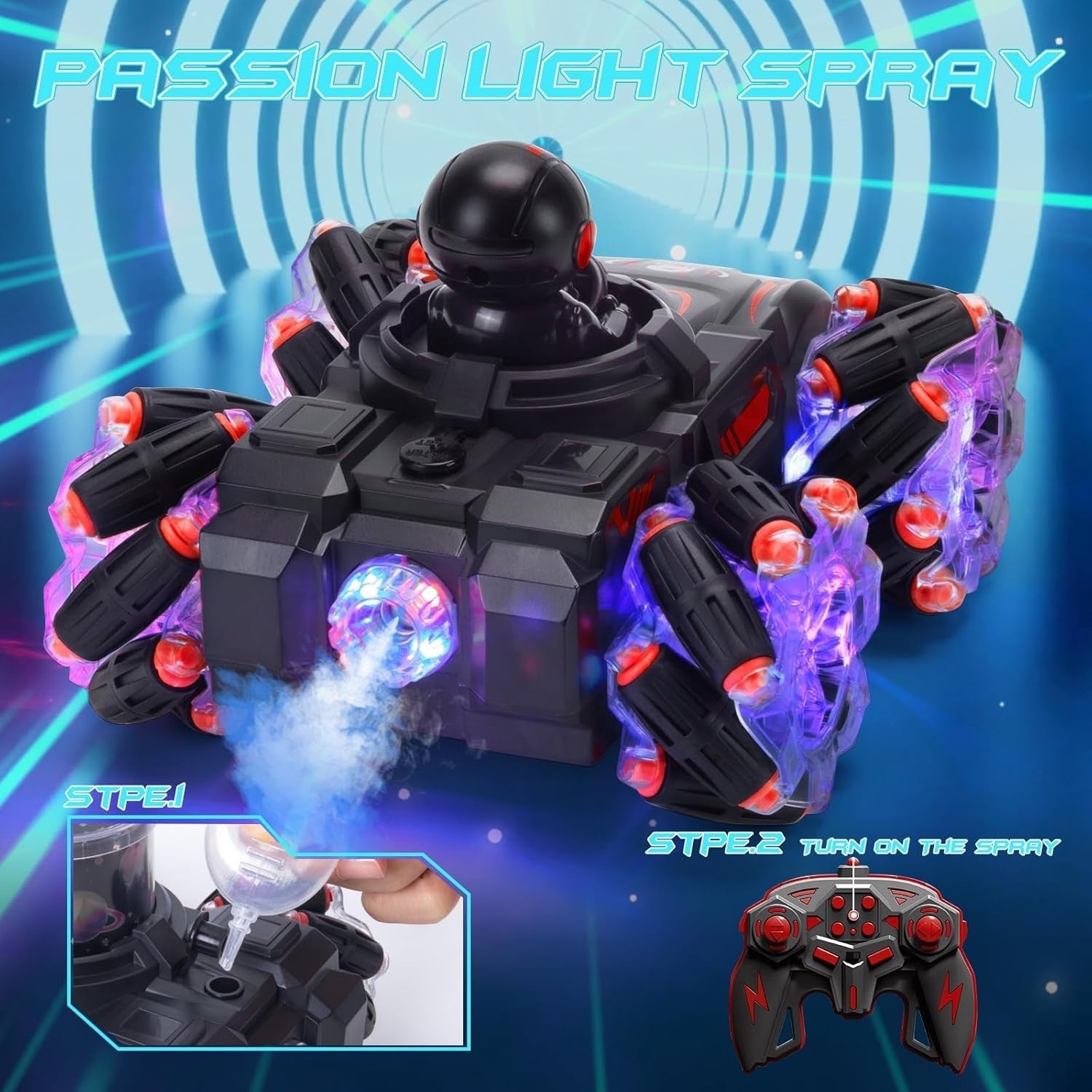 RC Stunt Car with Music, LED Lights, Spray & HD Projection | 360° Rotating