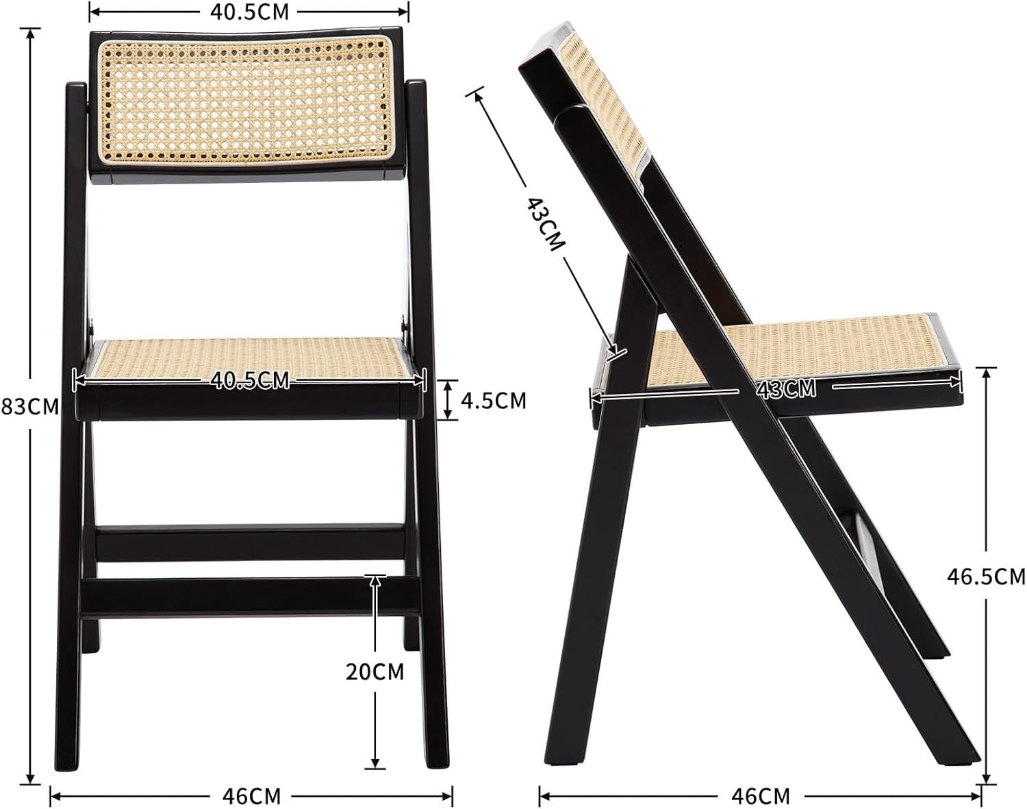 Foldable Rattan Dining Chairs Set of 2 Mid Century Space Saving Kitchen Seats