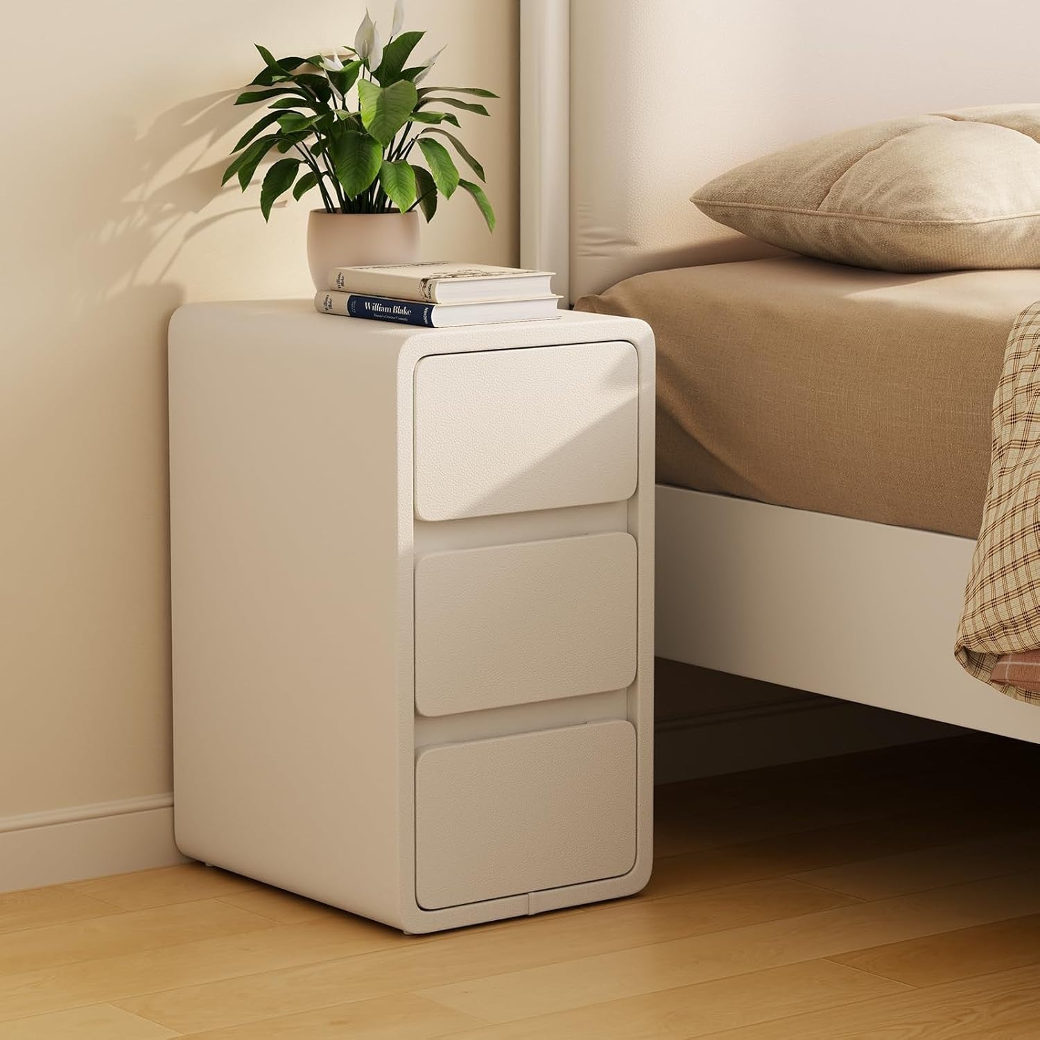 Slim White Bedside Table with 3 Drawers, Narrow Leather-Finish Nightstand
