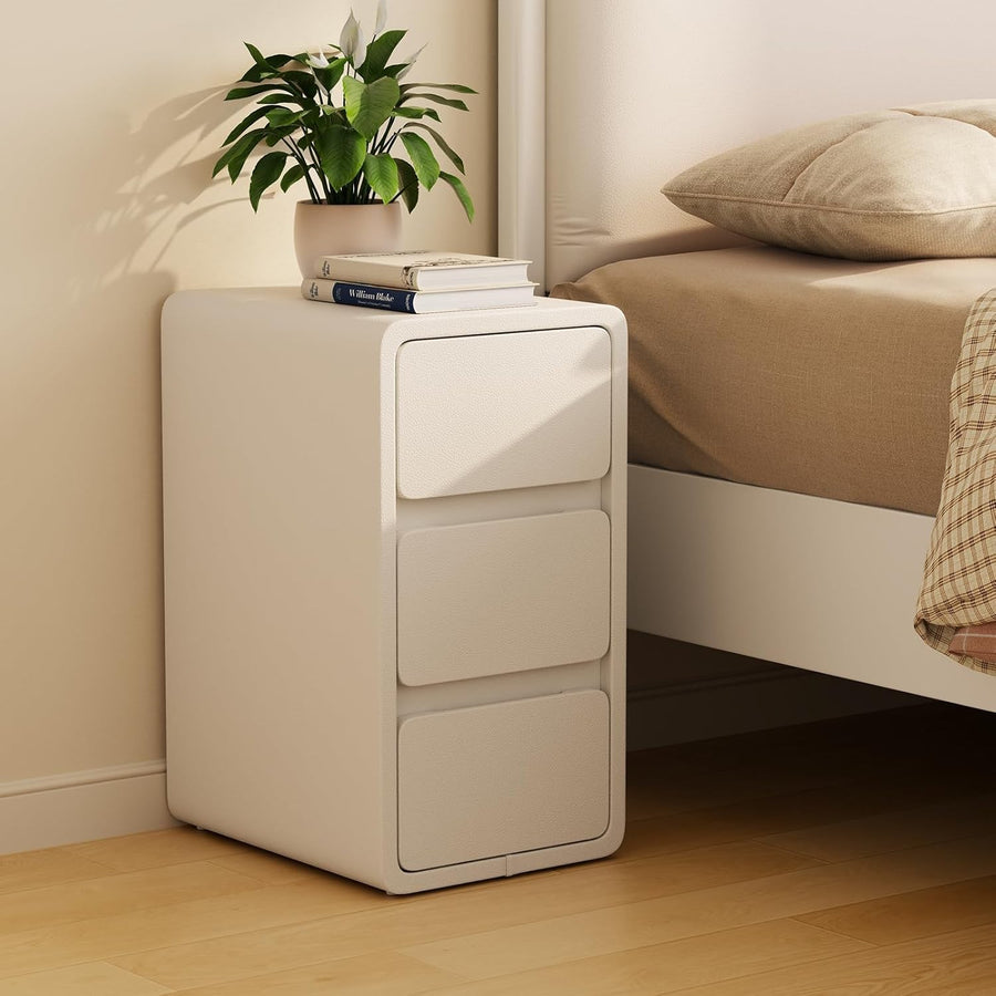 Slim White Bedside Table with 3 Drawers, Narrow Leather-Finish Nightstand