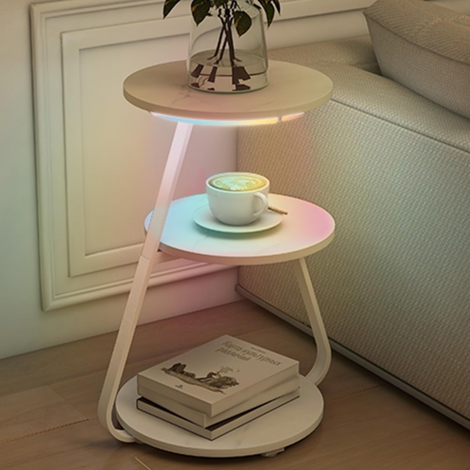 Set of 2 Round Side Tables with 6-Color LED & 3-Tier Storage – Modern Design