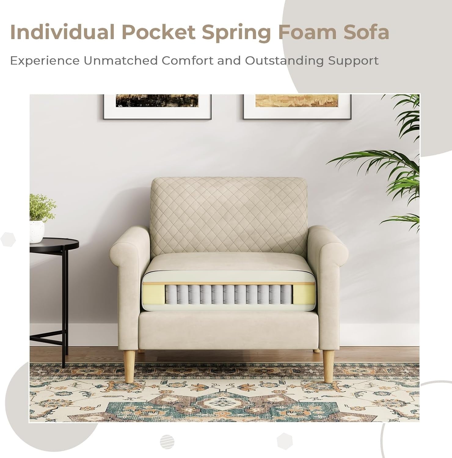 2 Seater Fabric Sofa & Armchair Set with Storage, Cushions, Tool-Free Assembly