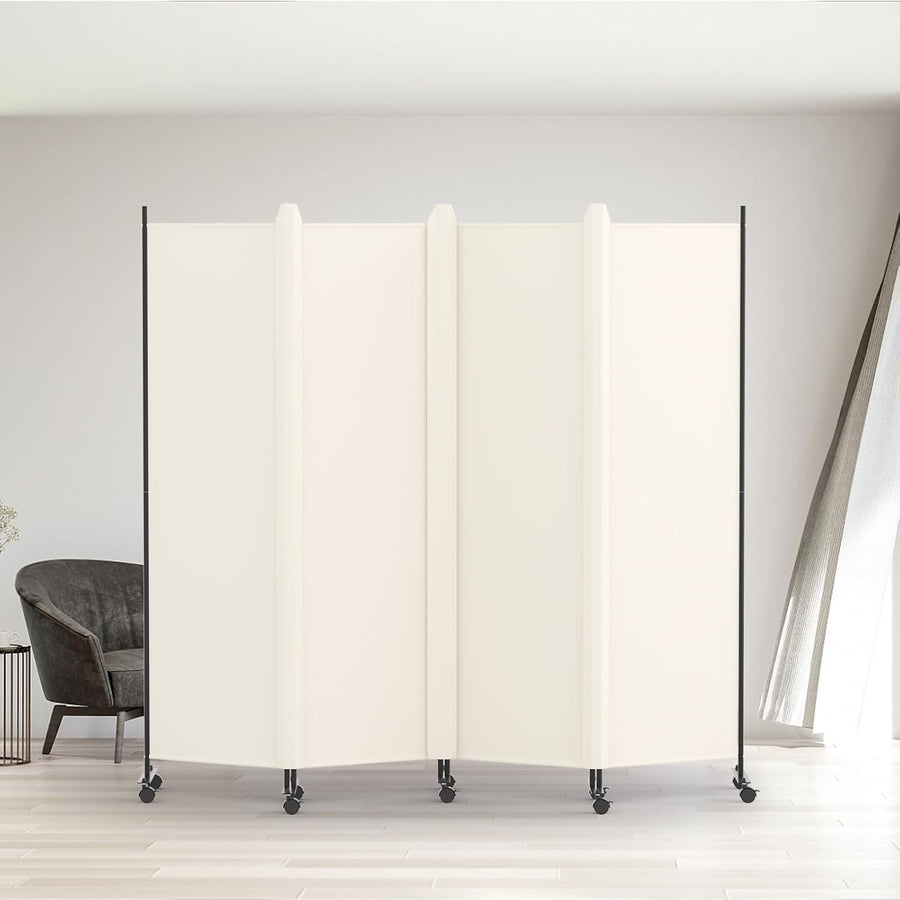 4 Panel Beige Folding Room Divider with Lockable Wheels 88x70 Inch