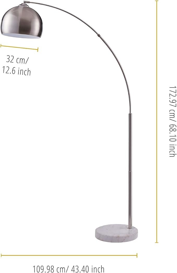 Arc Floor Lamp Silver Nickel Bell Shade Marble Base Modern Standing Light