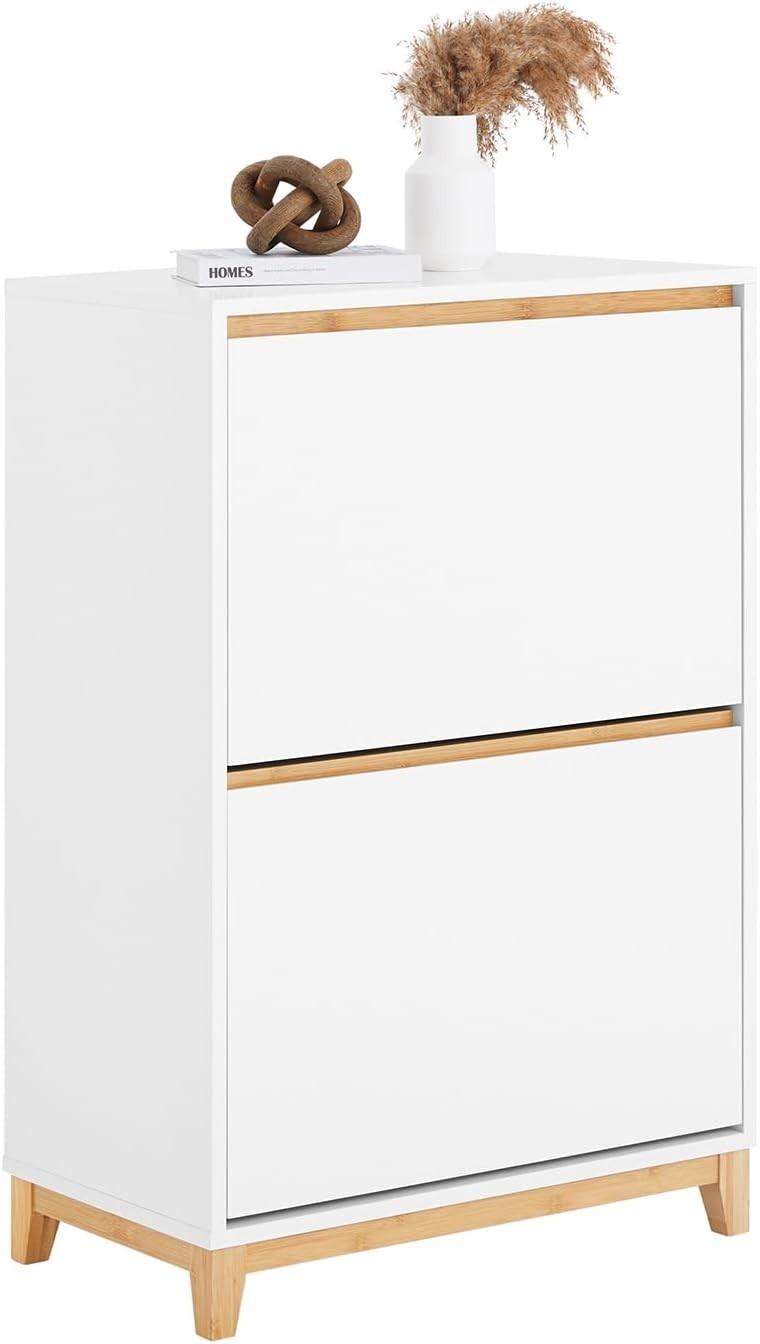 Slim White Shoe Cabinet with 2 Flip Drawers Hallway Storage 60x34x91cm