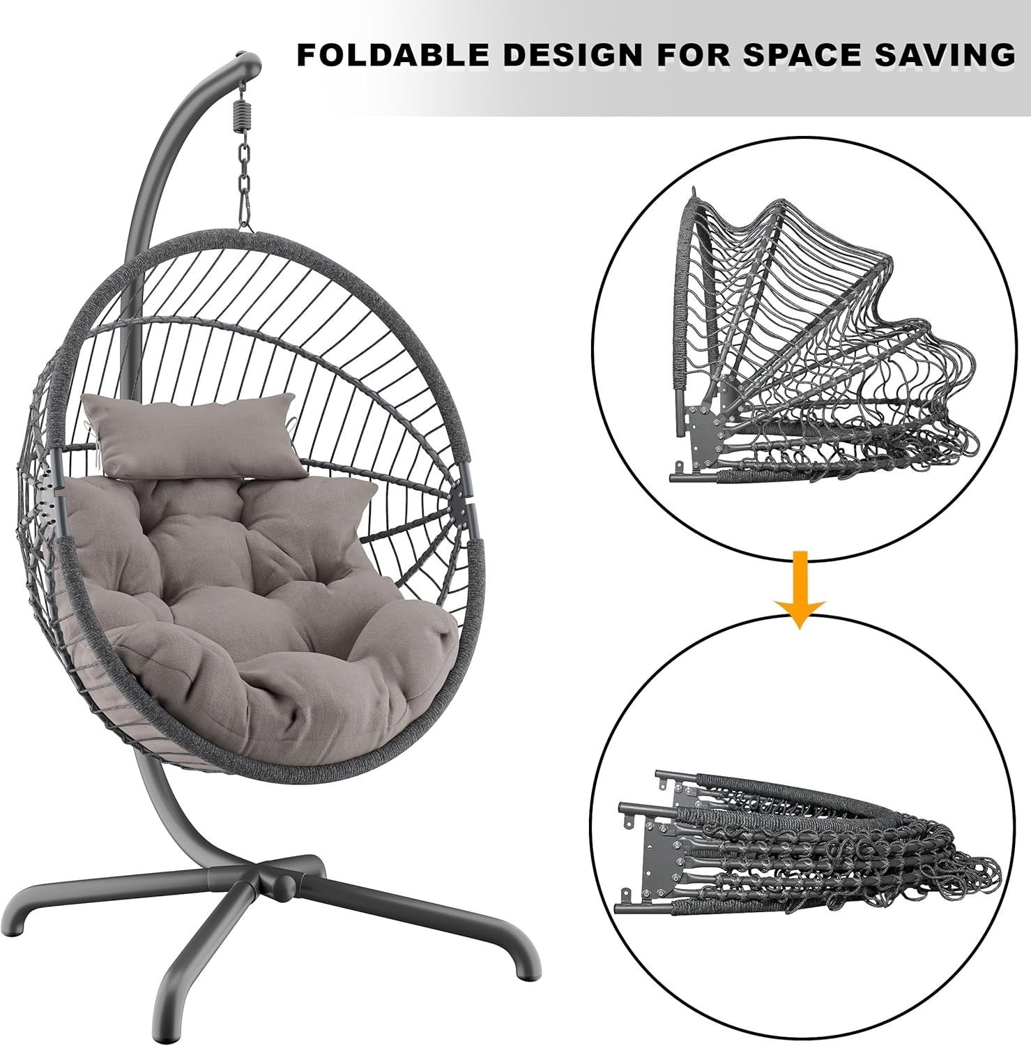 Foldable Rattan Egg Chair with Stand & Cushion for Indoor Outdoor Use
