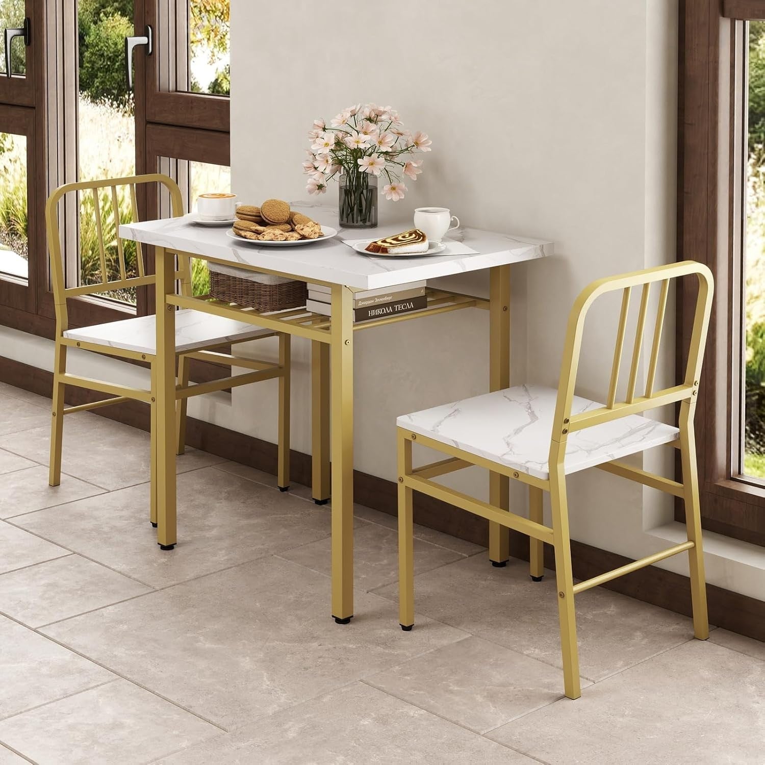 3 Piece Space-Saving Dining Table Set with Storage Rack & Gold Metal Legs