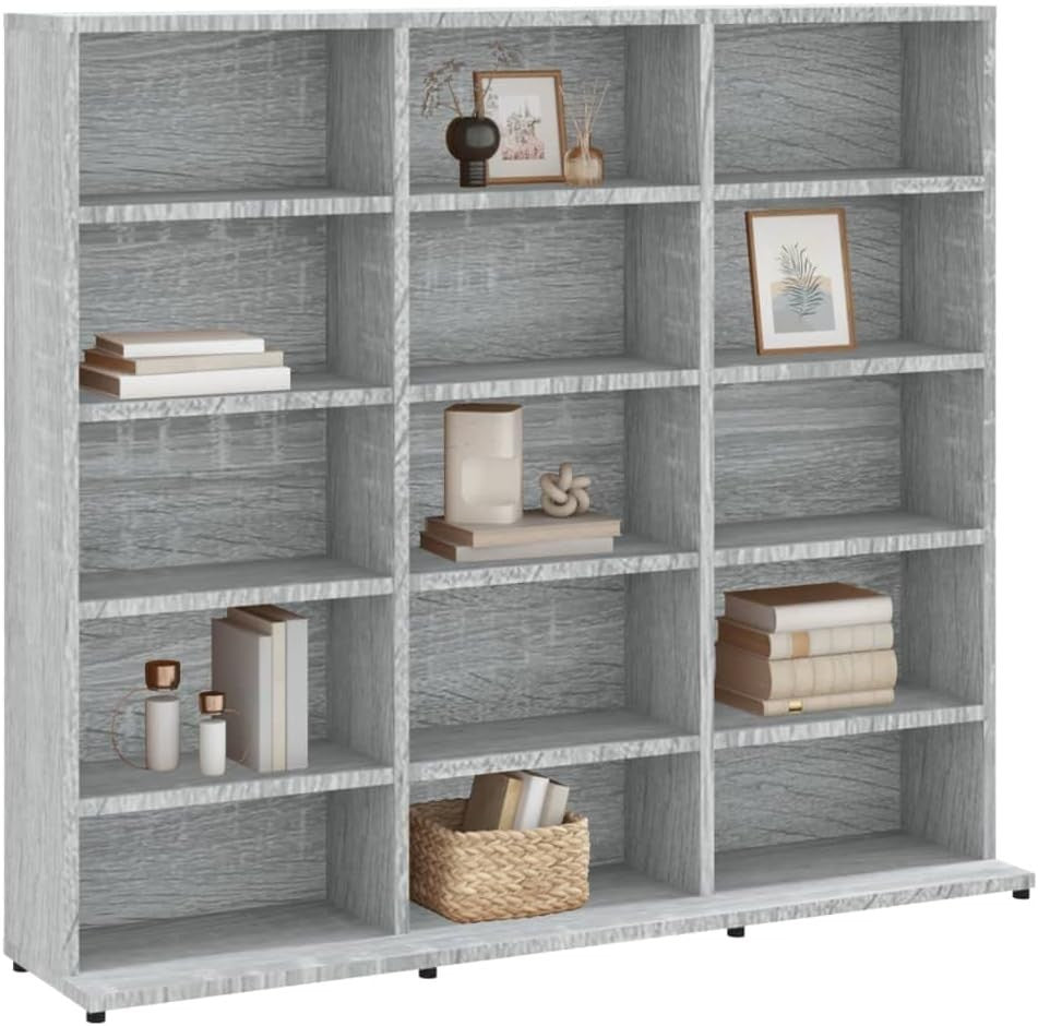 CD Storage Cabinet 15 Compartment Media Shelf Bookcase Grey Sonoma