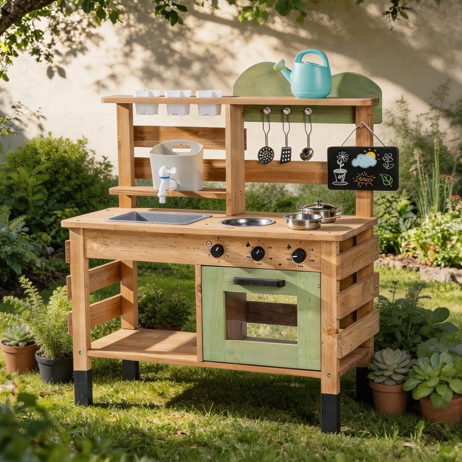 Large Outdoor Mud Kitchen Wooden Kids BBQ Playset Sink Chalkboard