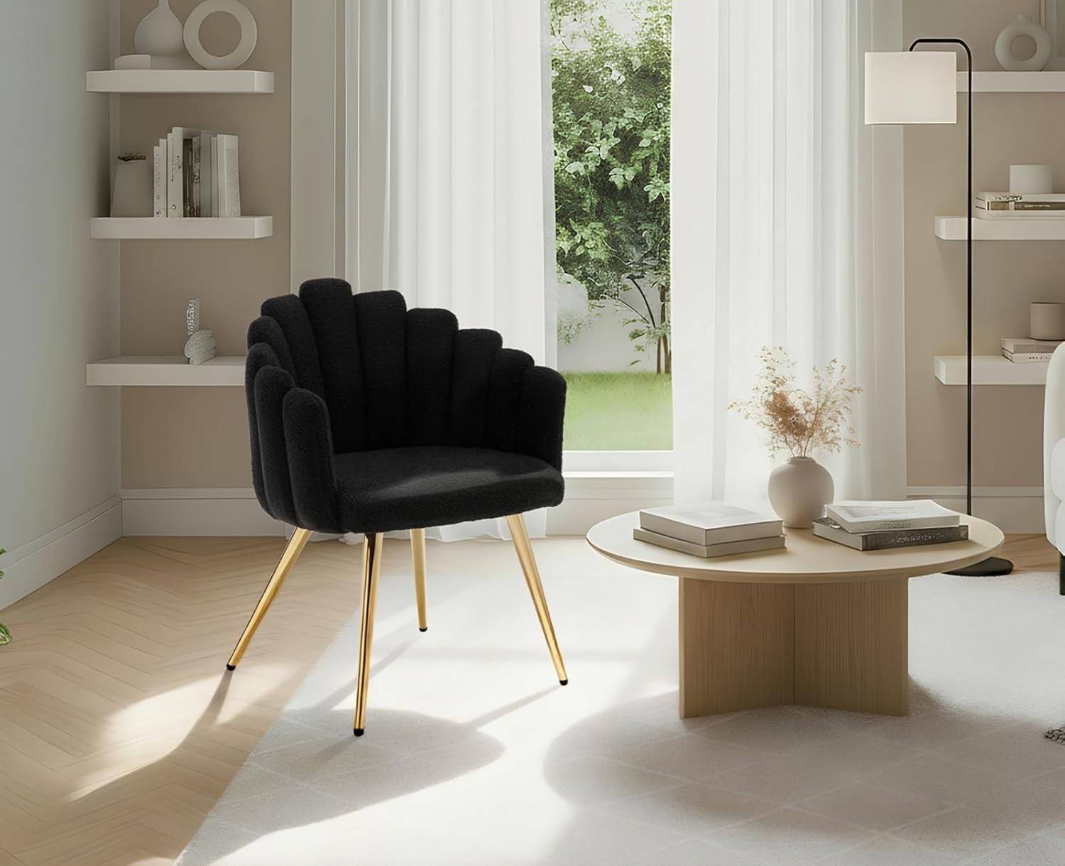 Black Faux Fur Accent Armchair – Modern Lounge Chair with Metal Legs & Arms