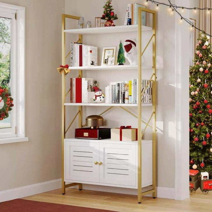 Modern 5 Tier Bookcase Storage Unit Display Rack with Cabinet Gold Frame