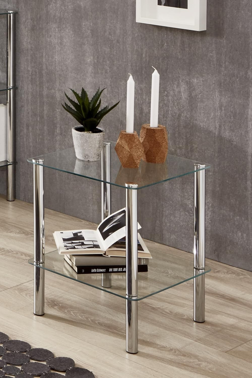Modern Chrome Metal End Table with Tempered Glass Shelf 39x39x47cm