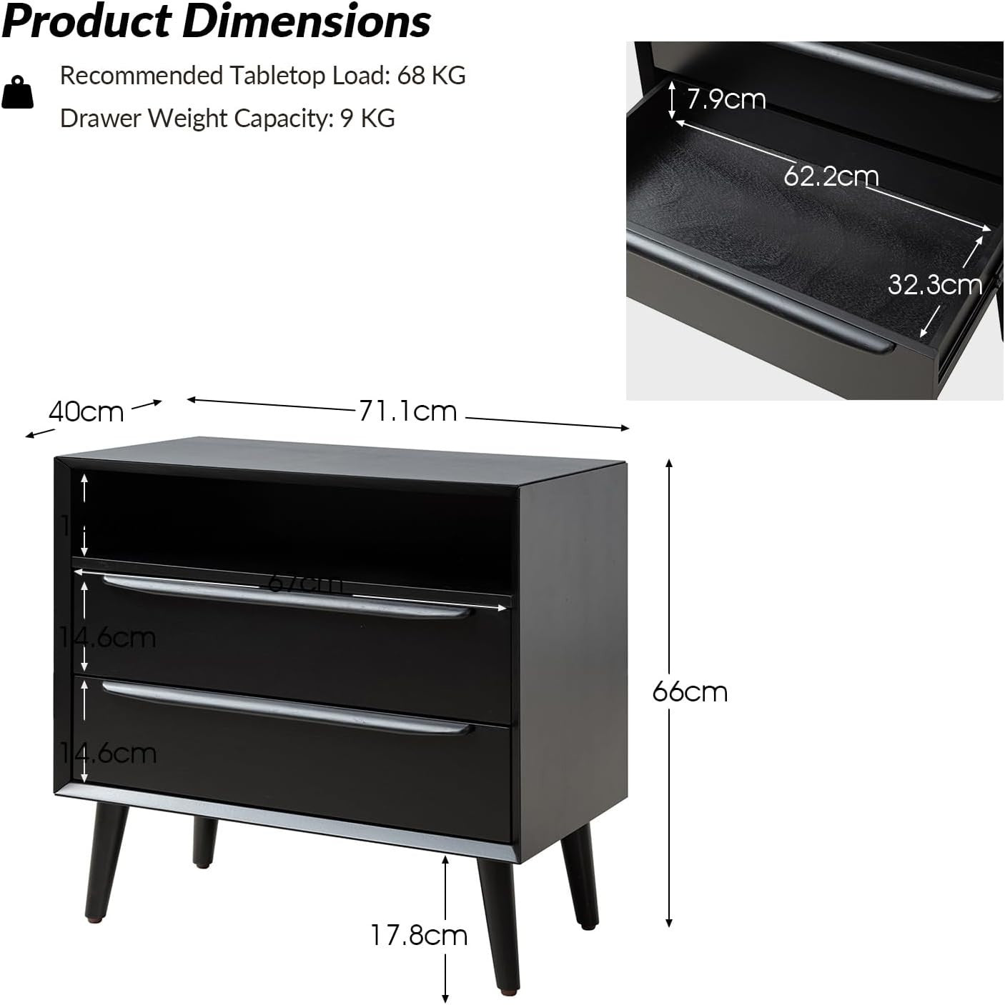 Modern Black Wooden Bedside Table with 2 Drawers & Open Shelf