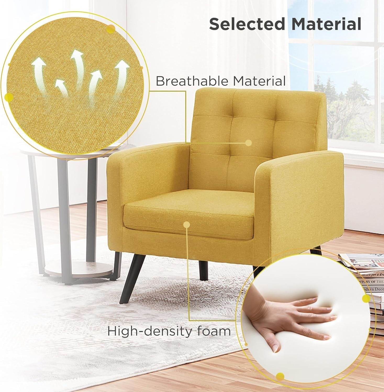 2x Yellow Accent Armchairs | Mid Century Tufted Lounge Chairs Set