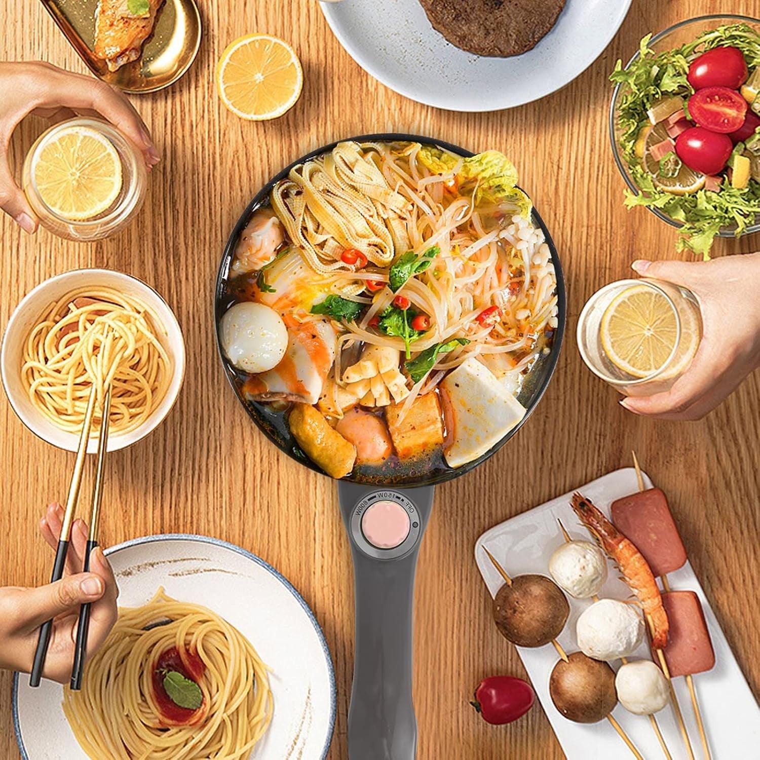 Electric Hot Pot & Skillet 1.5L Multi-Cooker with Steamer, Adjustable Power