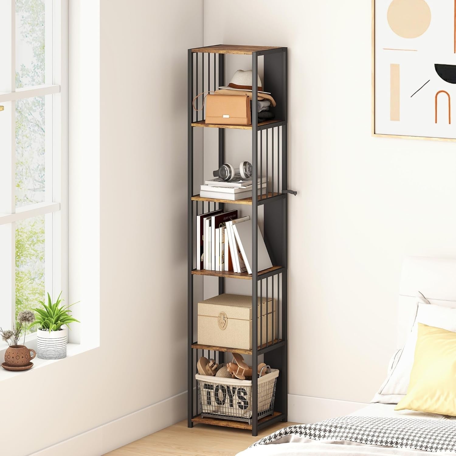 Tall 5-Tier Industrial Bookcase with Steel Frame & Open Shelves – Rustic Brown
