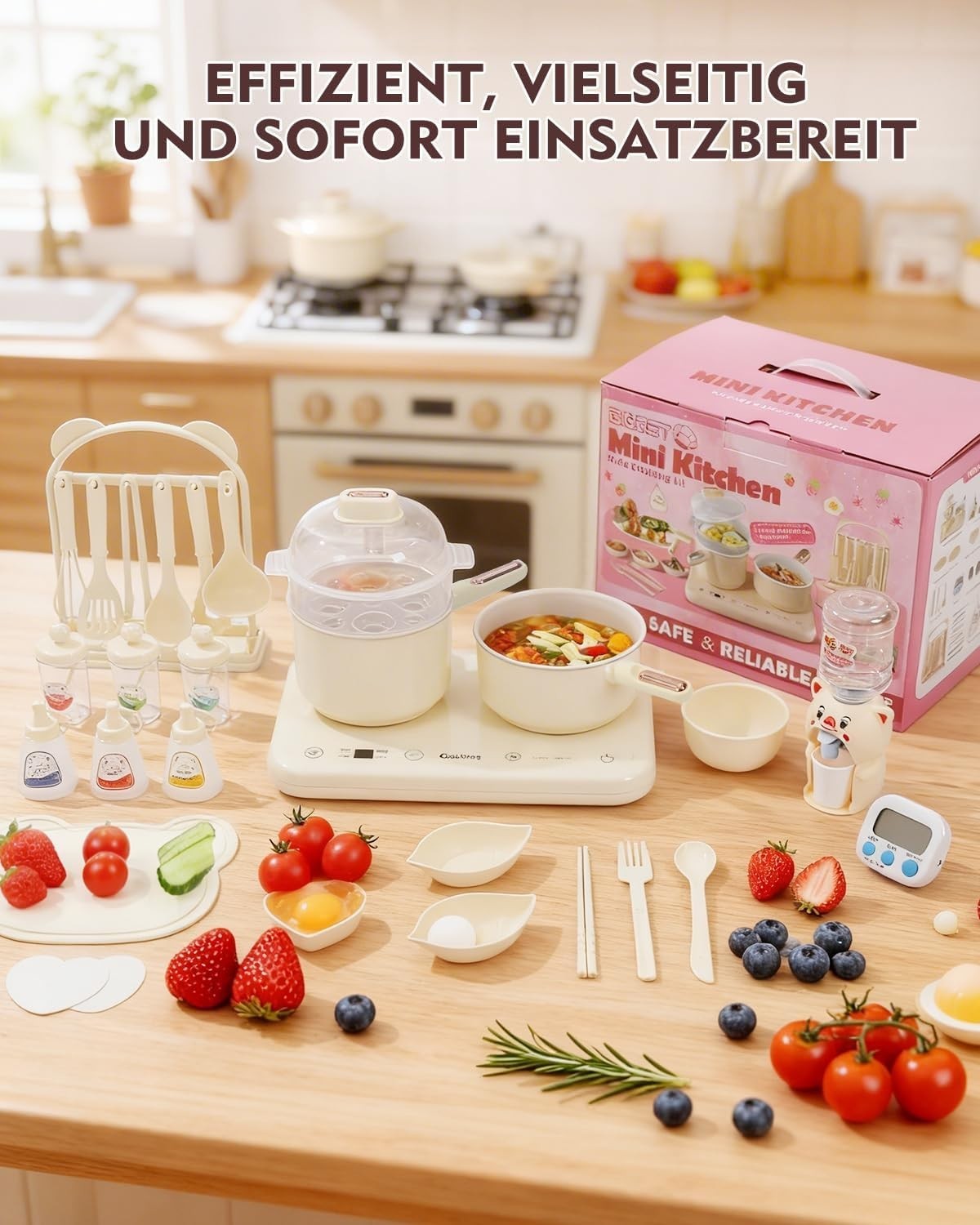 Kids Electric Cooking Set Double Hob Kitchen Toy Cookware 40pc Beige