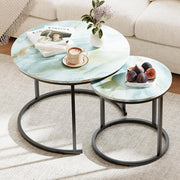 2-Piece Nesting Coffee Table Set, Blue Round Metal & MDF Living Room End Side Ta