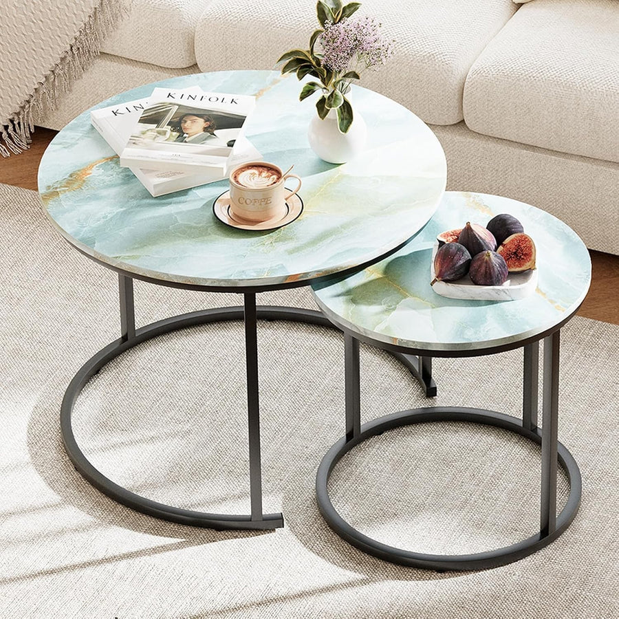 2-Piece Nesting Coffee Table Set, Blue Round Metal & MDF Living Room End Side Ta